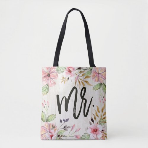 Wedding Groom Mr Pink Flowers Rustic White Wood Tote Bag