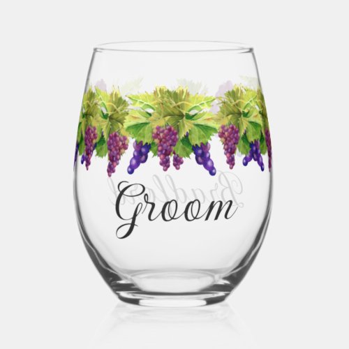 Wedding Grooms Name Mr  Watercolor Grapes Stemless Wine Glass