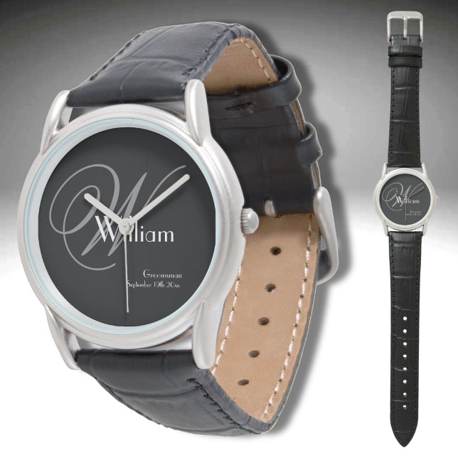 Wedding Groomsman Gift Modern Monogram Cool Sports Watch (Great Groomsman Gift! Modern Monogram, Name, Date Cool Black Silver Leather Customized Sports Watch.)