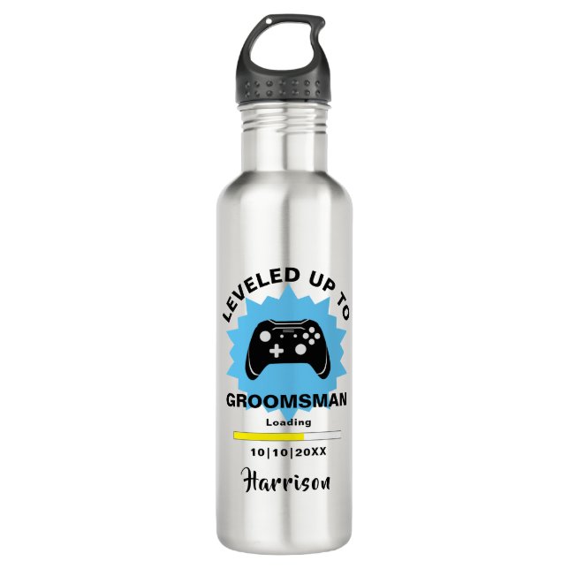 Wedding Groomsman Leveled Up Gamer Fun Stainless Steel Water Bottle (Front)
