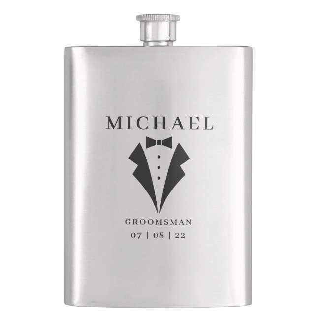 Wedding GROOMSMAN Personalized Name & Date Tuxedo Flask (Front)