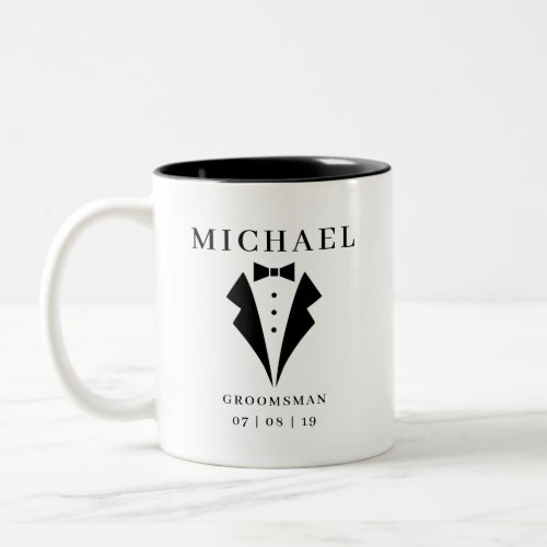 Wedding GROOMSMAN Personalized Name  Date Tuxedo Two_Tone Coffee Mug