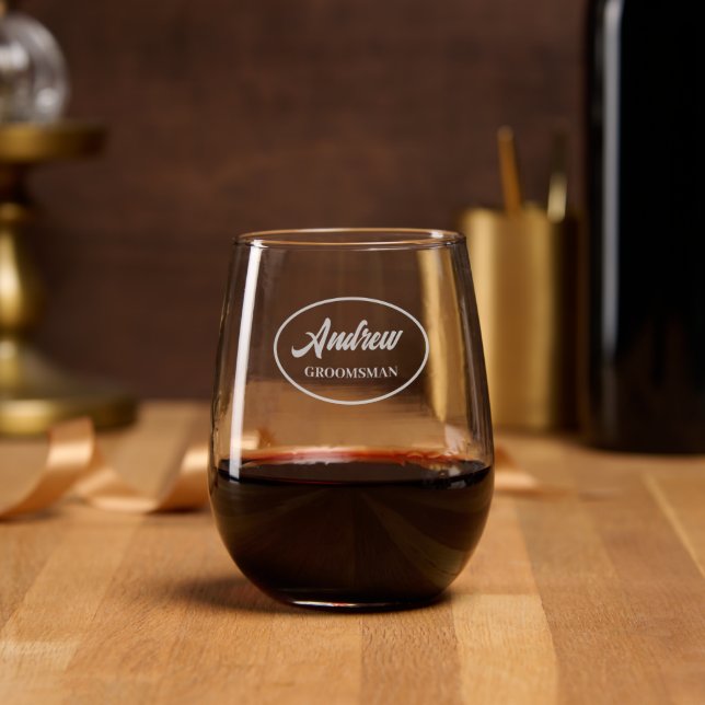 Wedding Groomsman Stylized Name Etched Stemless Wine Glass (Party)