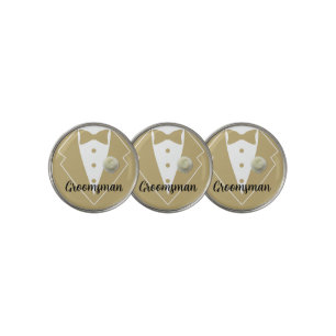 Wedding Groomsmen Tan Tuxedo with White Flower Golf Ball Marker