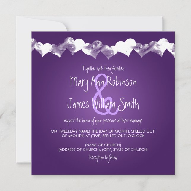 Wedding Grunge Hearts Purple Invitation (Front)