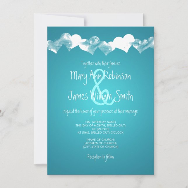 Wedding Grunge Hearts Turquoise Invitation (Front)