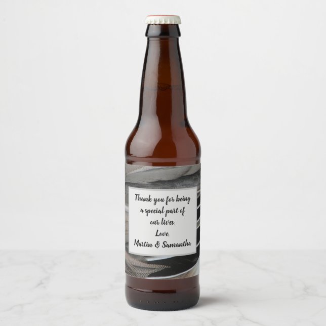 Wedding Guest Black Gray Feather Modern Thanks Beer Bottle Label (Front)
