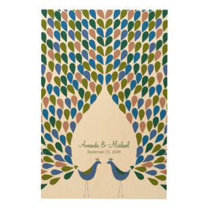 Wedding guest book alternative peacocks feathers wood wall art