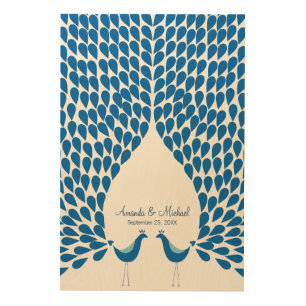 Wedding guest book alternative peacocks feathers wood wall art