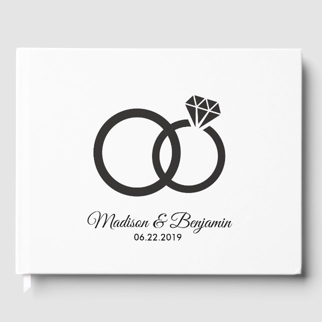 Wedding Guest Book, Black, White, Rings Book (Front)