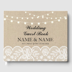 Wedding Guest Book Burlap Lace Rustic Lights