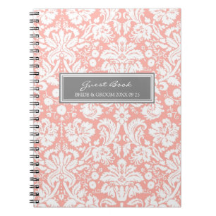 Wedding Guest Book Coral Gray Damask Notebook