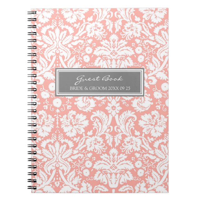 Wedding Guest Book Coral Gray Damask Notebook (Front)