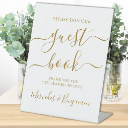 Wedding Guest Book Gold Elegant Calligraphy Pedestal Sign