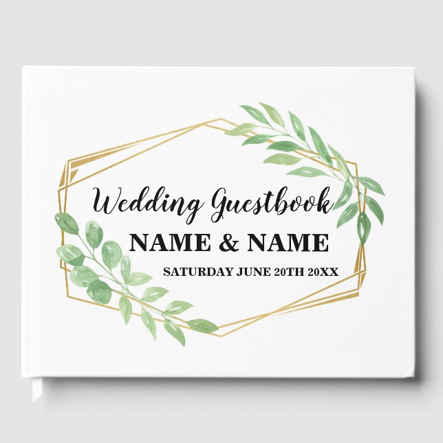 Wedding Guest Book Gold Frame Greenery Leaf (Front)