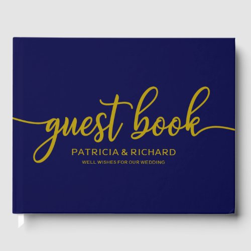 Wedding Guest Book Gold Navy Blue Calligraphy