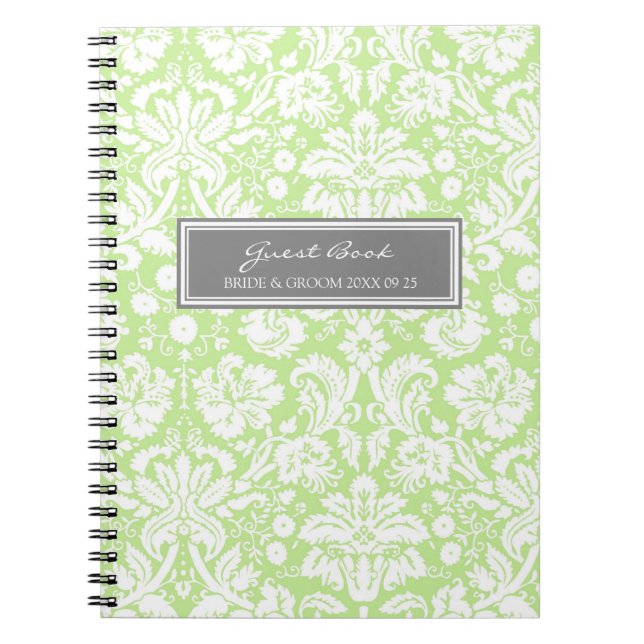 Wedding Guest Book Green Gray Damask Notebook (Front)