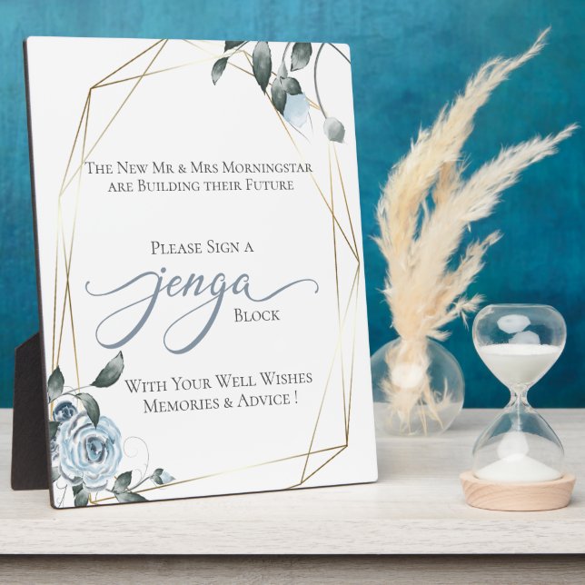 Wedding Guest Book Jenga Piece Dusty Blue Floral Plaque (Side)
