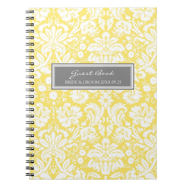 Wedding Guest Book Lemon Gray Damask Notebook (Front)