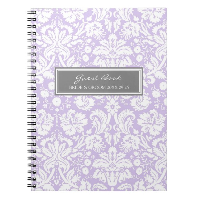 Wedding Guest Book Lilac Gray Damask Notebook (Front)