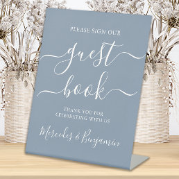 Wedding Guest Book Modern Script Dusty Blue Pedestal Sign