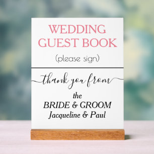 Wedding Guest Book NAMES White Pink Rose Acrylic Sign