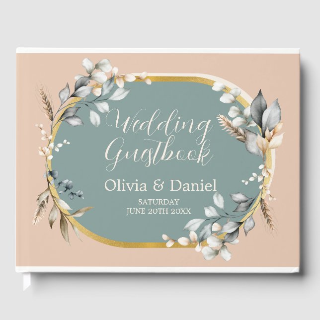Wedding Guest Book Neutrals Cotton Teal Leaves (Front)