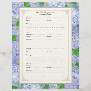 Wedding Guest Book Page Blue Hydrangea Lace Floral