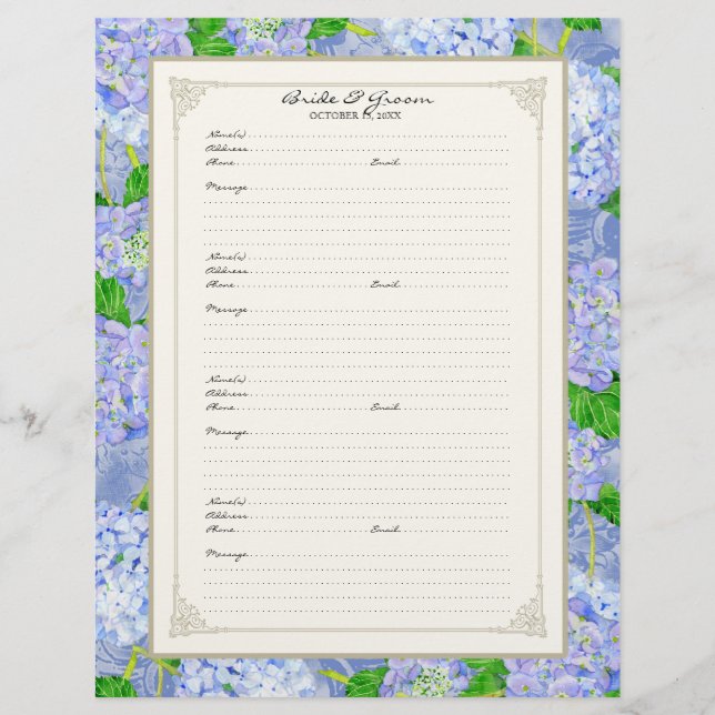 Wedding Guest Book Page Blue Hydrangea Lace Floral (Front)