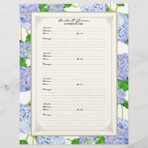 Wedding Guest Book Page Blue Hydrangea Lace Floral