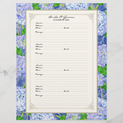 Wedding Guest Book Page Blue Hydrangea Lace Floral