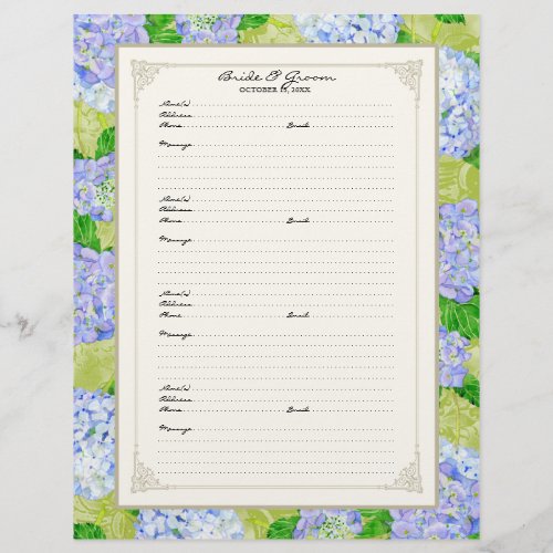 Wedding Guest Book Page Blue Hydrangea Lace Floral