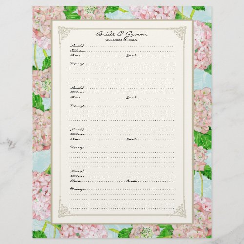 Wedding Guest Book Page Pink Hydrangea Lace Floral