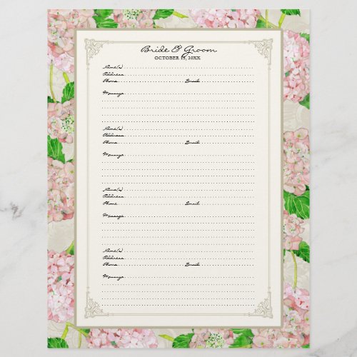 Wedding Guest Book Page Pink Hydrangea Lace Floral