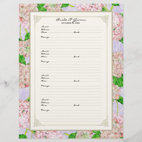 Wedding Guest Book Page Pink Hydrangea Lace Floral