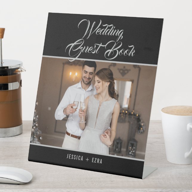 Wedding Guest Book Photo Elegant Silver Script Pedestal Sign (In SItu)
