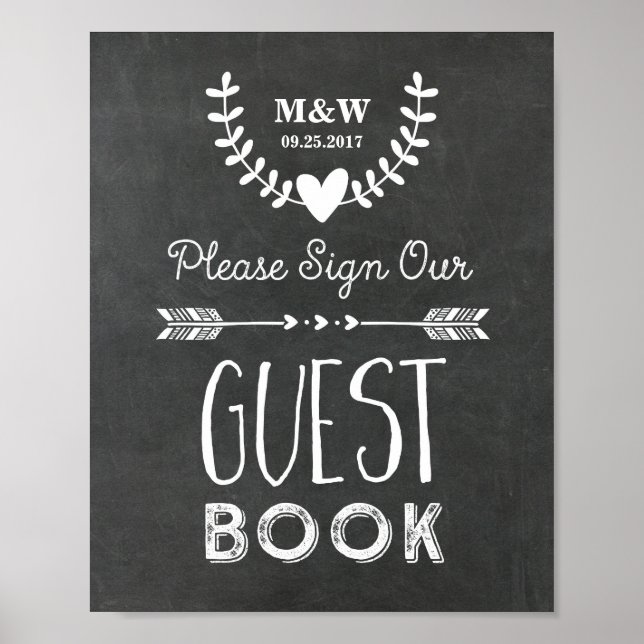 Wedding Guest Book Sign Chalkboard Hearts Arrows (Front)