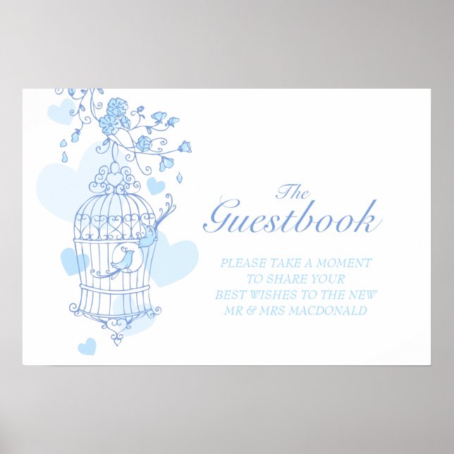 Wedding guest book sign love birds blue (Front)