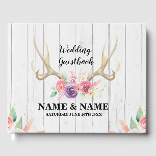 Wedding Guest Book Stag Antler Wood Floral Rustic