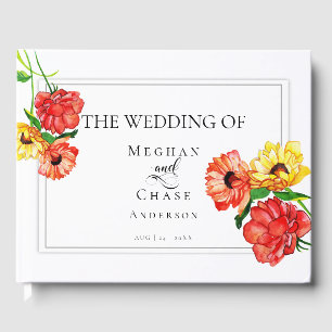 Wedding Guest Book Watercolor Floral Red Yellow