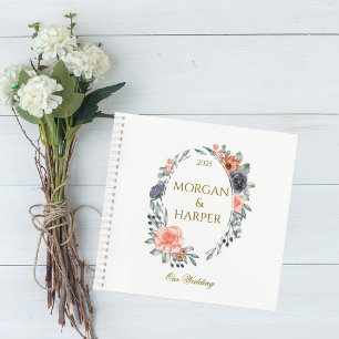 Wedding Guest Book with Soft Peach & Blue Flowers