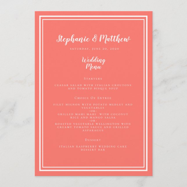 Wedding Guest Menu Simple Elegant Chic Coral White (Front)