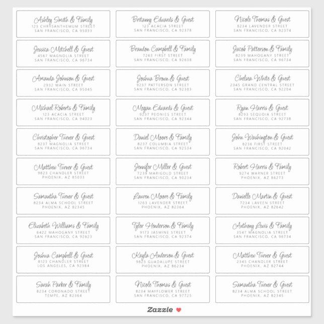 Wedding Guest Names Address Chic Modern Simple Sticker (Sheet)