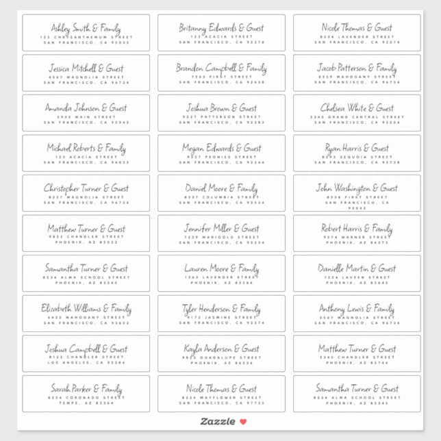 Wedding Guest Names &  Address Modern Chic Fun Sticker (Sheet)