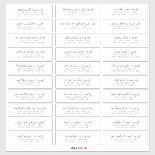 Wedding Guest Names Address Modern Simple Chic  Sticker (Sheet)