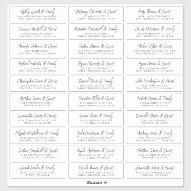 Wedding Guest Names Address Modern Simple Chic Sticker (Sheet)