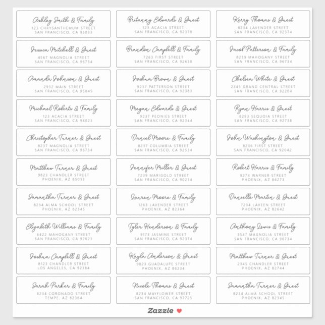 Wedding Guest Names Address Simple Modern Chic Sticker (Sheet)