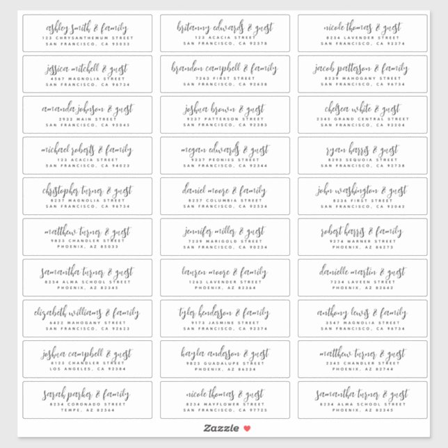 Wedding Guest Names Modern Simple Black and White Sticker (Sheet)