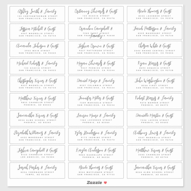 Wedding Guest Names Modern Simple Black and White Sticker (Sheet)