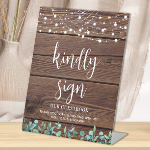 Wedding Guest Rustic Wood Greenery String Lights  Pedestal Sign